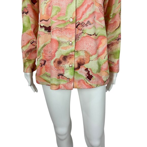 Vintage 70s Castle Blouse Women's Large Cloud Novelty Print Green Pink Top - Picture 5 of 10